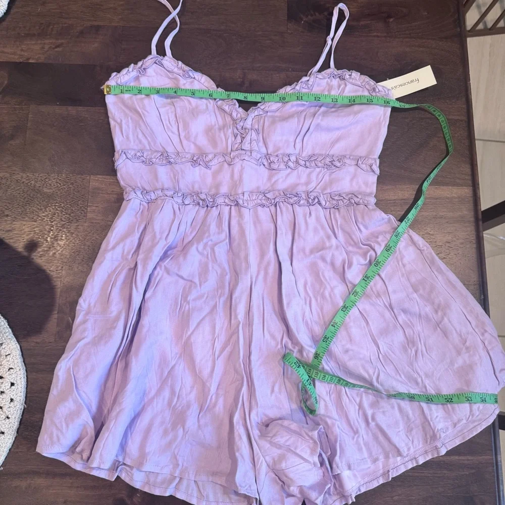 Mi ami‎ Spaghetti Strap Lavender Shorts Romper, Flirty Ruffles, Size L